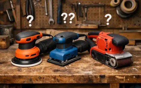 Trois ponceuses (orbitale, vibrante, à bande) sur un établi en bois. Quelle ponceuse pour le bois choisir ?