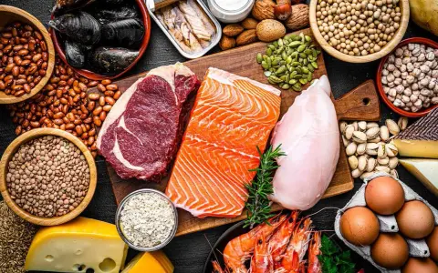 En mångfald av proteinkällor: biff, lax, kyckling, räkor, ägg, nötter, frön, bönor, linser och ost. Bra för att veta hur mycket protein per dag.
