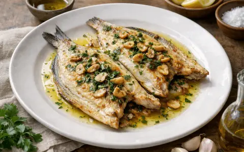 Lubina a la plancha con ajo laminado y perejil fresco, servida en plato blanco con aceite de oliva y limón al lado.