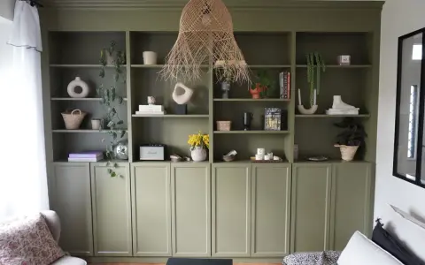 Une belle idée de bibliothèque salon avec des étagères vertes remplies de vases, plantes, livres et objets déco.
