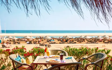 Stolik z jedzeniem i napojami na plaży, w tle morze i leżaki. Tui Magic Life Jacaranda - idealne miejsce na wakacje.