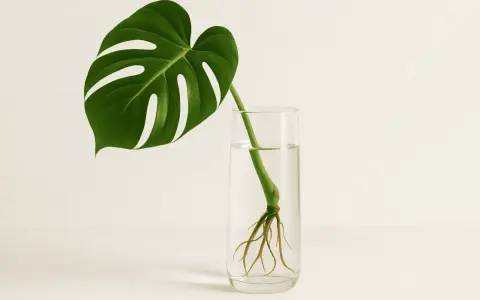Ein Monstera-Ableger mit Wurzeln in einem Glas Wasser.