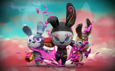 Tres conejos con guantes de boxeo, salpicados de pintura rosa, listos para la acción como "bunny raiders".