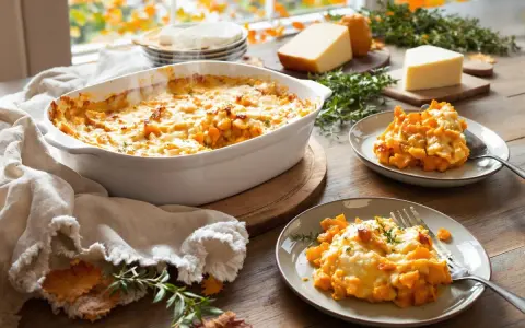 Un délicieux gratin patate douce, doré et gratiné, servi dans un plat blanc et sur deux assiettes. Parfait pour un repas d'automne.