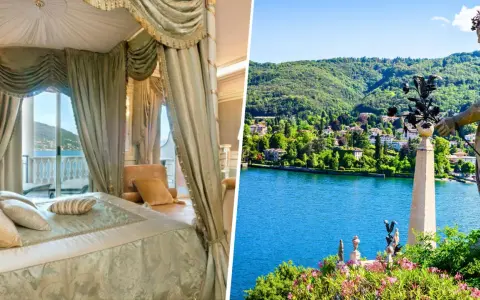 Lussuosa camera da letto con vista sul lago, perfetta per vacanze al lago da sogno. Paesaggio incantevole con ville e vegetazione lussureggiante.