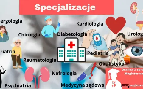 Ilustracja przedstawia różne specjalizacje medyczne, od alergologii po psychiatrię, sugerując ścieżki kariery po studiach dermatologicznych.