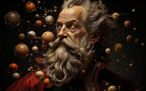 Retrato de un anciano sabio con barba, rodeado de esferas que evocan el cosmos, como en la biografía de Galileo Galilei.