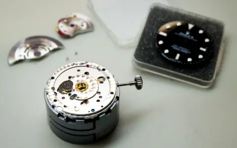 Parti di un movimento di orologio di lusso, tra cui il quadrante nero e la corona, pronti per l'assemblaggio.