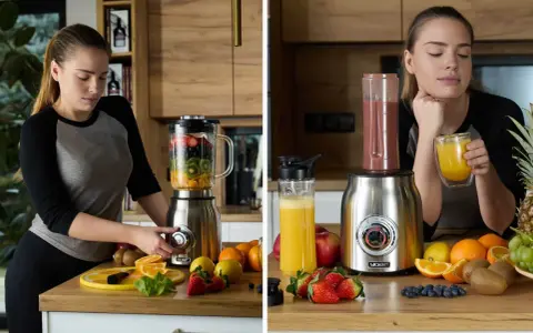 Kobieta przygotowuje smoothie w blenderze kielichowym, pokazując, co można zrobić w blenderze kielichowym: zdrowe napoje z owoców.