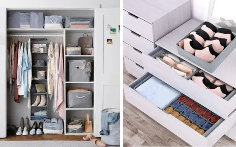Ideas para organizar armarios por dentro: ropa colgada, zapatos, cajones con separadores para lencería y calcetines.