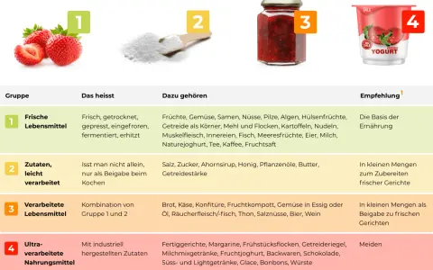 Die Grafik erklärt, was ist fast food: von frischen Lebensmitteln bis zu ultra-verarbeiteten Produkten, die man meiden sollte.