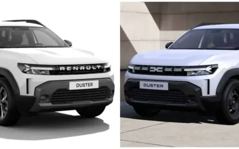 Dwa białe SUV-y, jeden z napisem RENAULT, drugi z logo Dacia, oba z nazwą DUSTER.