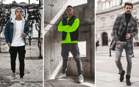 Trzech mężczyzn prezentuje gotowe zestawy ubrań do kupienia: denimowa kurtka z kożuszkiem, neonowa bluza z kamizelką i płaszcz w kratę.