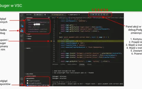 Debugger w VS Code. Widok zmiennych, zakładka Debug, breakpoint i kod testu. Test script w trakcie wykonywania.