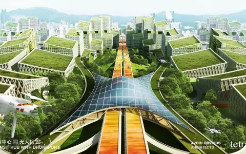 Grüne Dächer und futuristische Gebäude prägen diese Vision einer nachhaltigen Stadt. Drohnen landen auf einem Verkehrsknotenpunkt, der eine Brücke über eine bunte Fußgängerzone bildet.