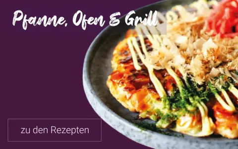 Leckere japanische Rezepte für Pfanne, Ofen & Grill. Ein Okonomiyaki mit Toppings.