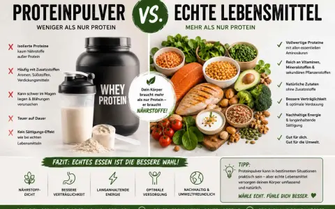 Vergleich von Proteinpulver und echten Lebensmitteln. Echte Lebensmittel bieten mehr Nährstoffe, wo Proteinpulver oft Zusatzstoffe enthält. Proteine vorkommen in vielen gesunden Lebensmitteln.