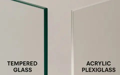 Close-up of tempered glass and acrylic plexiglass edges. Acrylic plexiglass is used for displays, barriers, and signage due to its durability.