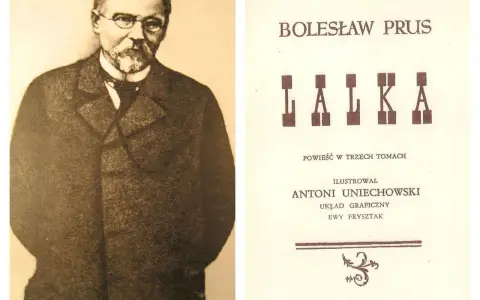 Portret Bolesława Prusa obok strony tytułowej jego dzieła "Lalka". Opracowanie graficzne Antoniego Uniechowskiego.