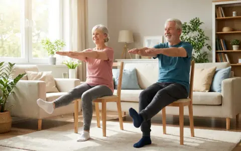 Uśmiechnięci seniorzy wykonują zestaw ćwiczeń dla seniorów w domu, siedząc na krzesłach i unosząc nogi.