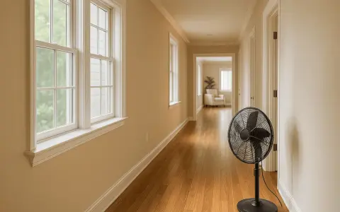 Ventilador negro en pasillo, creando una zona de ventilación. Ventanas a la izquierda, puertas a la derecha.