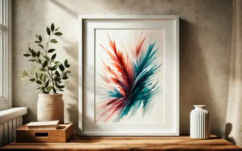 Lienzo abstracto enmarcado en blanco, con tonos rojos y turquesas. Ideas para como enmarcar un lienzo y decorar tu espacio.