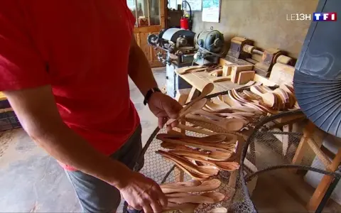 Un artisan du bois, maître dans son métier de tabletier, présente une collection de cuillères en bois faites à la main.