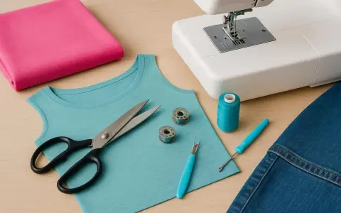 Nähutensilien liegen bereit: Stoffe, Schere, Nähmaschine und Garn. Perfekt für einen neuen Jersey-Stich.