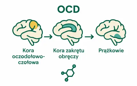 Ilustracja pokazuje, co to jest OCD: zmiany w korze mózgowej, w tym kora oczodołowo-czołowa i kora zakrętu obręczy, oraz prążkowia.