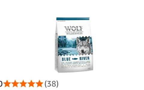 Sac de croquettes Wolf of Wilderness "Blue River" pour chien, sans céréales, avec un loup sur fond de rivière. Avis 5 étoiles.