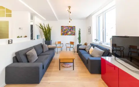 Soggiorno moderno e luminoso, ideale per mini appartamenti. Due divani grigi, tavolino in legno, quadri colorati e piante verdi.