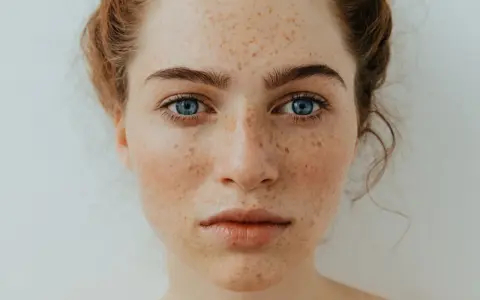 Visage d'une jeune femme aux yeux bleus perçants, sa peau parsemée d'une jolie tache de rousseur.