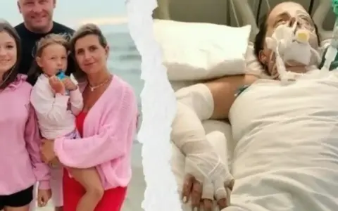 Rodzina wspiera bohaterkę oziminy Berenta. Po lewej uśmiechnięta rodzina na plaży, po prawej kobieta w szpitalnym łóżku, podłączona do aparatury.