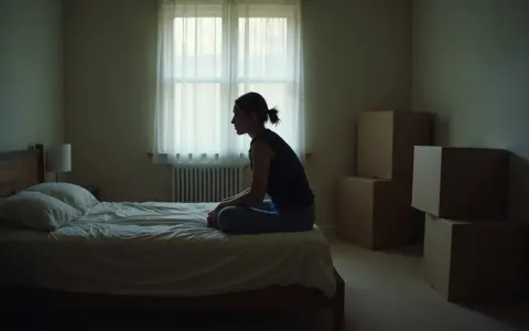 Kobieta siedzi na łóżku w pustym pokoju, otoczona kartonami. Po rozwodzie nie mam gdzie mieszkać.