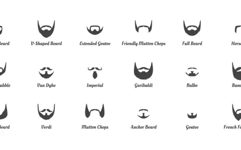 Ilustración de varios tipos de bigote y barba, como el círculo, V-shaped, Van Dyke, Garibaldi, y otros estilos.