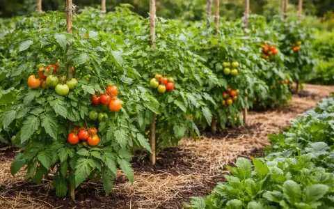 Filari di piante di pomodoro cariche di frutti verdi e rossi, pronte per essere raccolte. Un'immagine che evoca la gioia di quando si piantano i pomodori e si attende il raccolto.