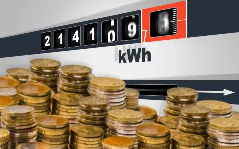 Liczniki energii pokazują zużycie kWh, a stosy monet sugerują pytanie: ile za kWh Tauron?