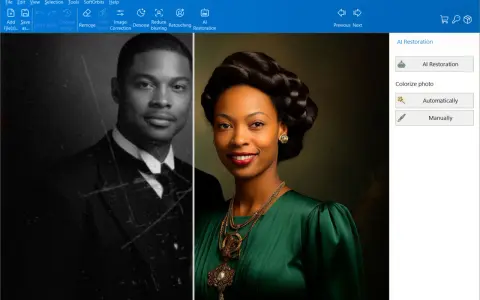 Un uomo in bianco e nero, graffiato, accanto a una donna colorata e ritoccata. L'app per fotografie mostra la trasformazione.