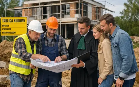 Inwestorzy, prawnik i budowlańcy omawiają projekt domu. Nowelizacja prawa budowlanego może wpłynąć na ich plany.