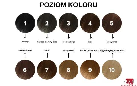 Paleta odcieni farb do włosów: od czarnego (1) przez różne brązy (2-5) po blondy (6-10).