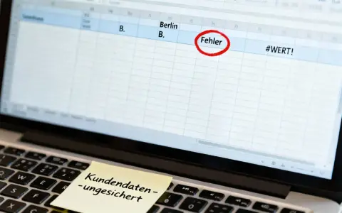 Laptop mit Excel-Tabelle, die einen Fehler markiert. Ein Haftnotiz warnt: "Kundendaten – ungesichert".