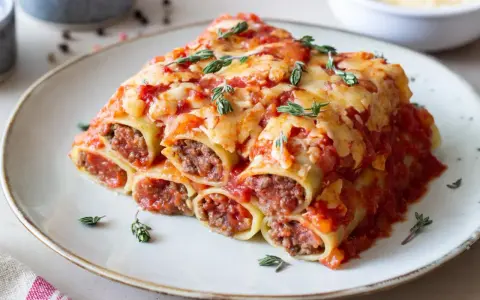 Pyszne cannelloni z mięsem mielonym, zapieczone pod sosem pomidorowym i serem, ozdobione gałązkami tymianku.