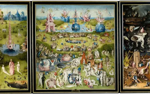 Hieronymus Bosch's "The Garden of Earthly Delights," one of the 10 most famous paintings, depicts paradise, earthly pleasures, and hell in three panels.