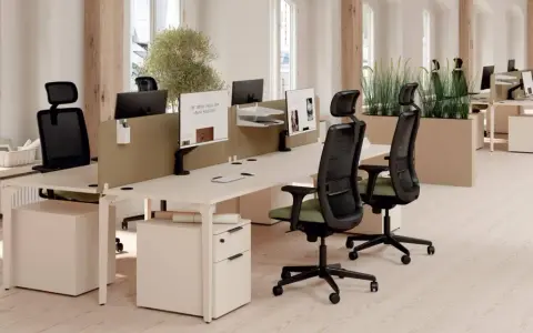 Aménagement de nouveaux bureaux lumineux avec postes de travail modernes, chaises ergonomiques et plantes vertes pour un environnement de travail agréable.