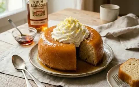 Un baba au rhum moelleux, nappé de sirop et garni de chantilly, prêt à être dégusté. Une invitation à la gourmandise.