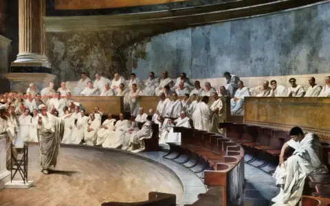 Män i toga samlas i en antik sal, en scen som skildrar en konstitutionell republik i full gång.