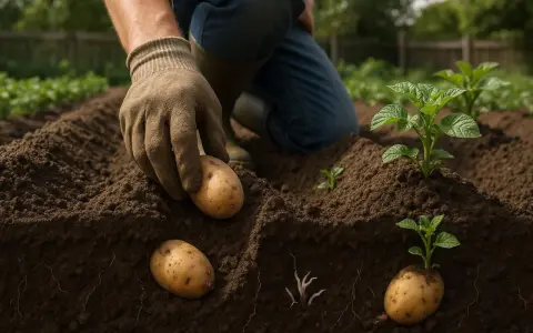 Main d'un jardinier plantant des pommes de terre, assurant un bon espacement pour une croissance optimale.