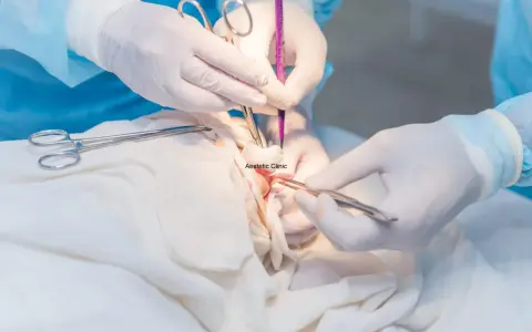 Chirurgiczne usuwanie cysty z twarzy. Dłonie w rękawiczkach używają narzędzi do precyzyjnego zabiegu.