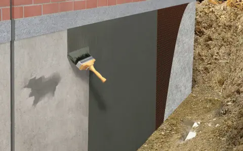 Aplicación de membrana para impermeabilizar pared exterior. Se ve una brocha aplicando material sobre el muro de concreto, seguido de una capa protectora y tierra.