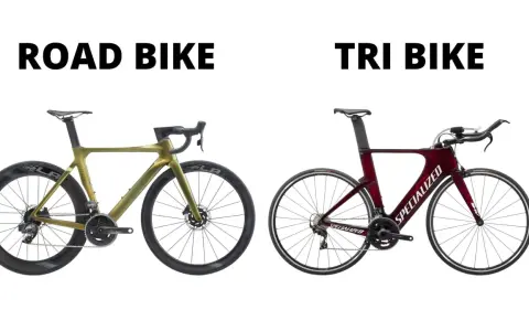 A green tt bike and a red tri bike are shown side-by-side, highlighting their distinct frame designs and handlebars for speed.